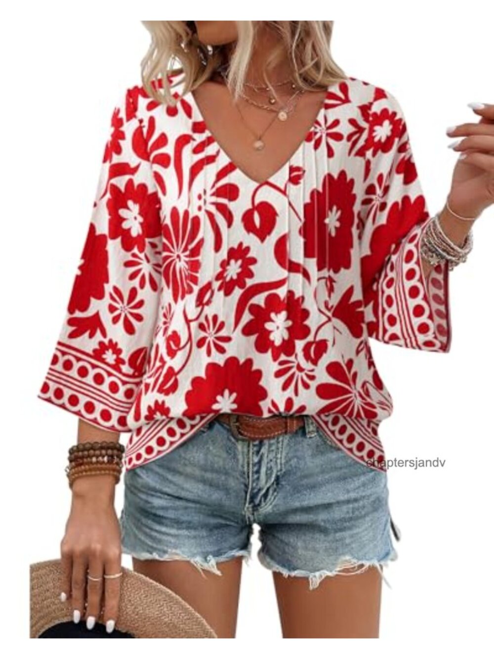 Boho Floral Tunic Top V Neck 3/4 Sleeve Loose Fit Blouse